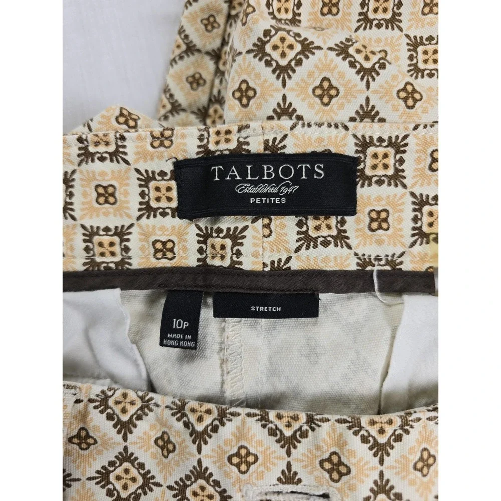 Talbots‎ Capri Pants Womens 10P Brown Tan Geometric Stretch Crop Petite Print
